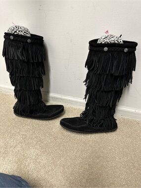 Minnetonka Black Layered Fringe Over-the-Knee Boots